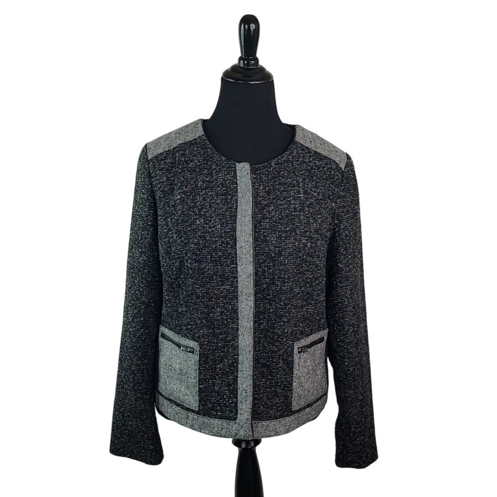 Liz Claiborne Womens XL Black Grey Mixed Media Boucle Zip Front Jacket 751438